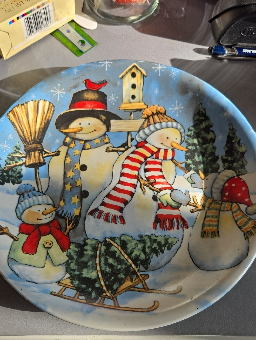 Festive Snowman Holiday Plate with Red & Blue Accents